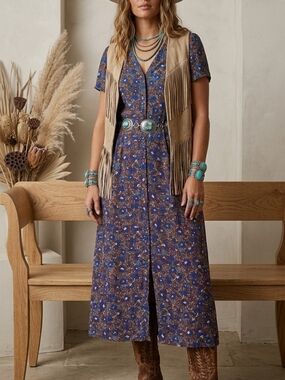 Camaïeu Floral Midi Dress Size L Blue Ditsy Button Front Flattering V-Neck